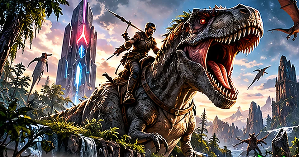 A roaring dinosaur and survivor in a prehistoric survival world