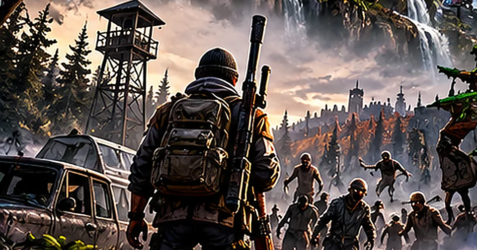 Survivor facing a zombie horde at the edge of a ruined settlement