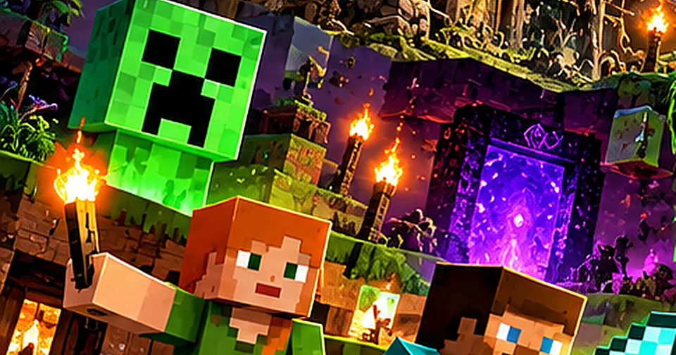 Blocky adventurers with a sword in a torchlit world